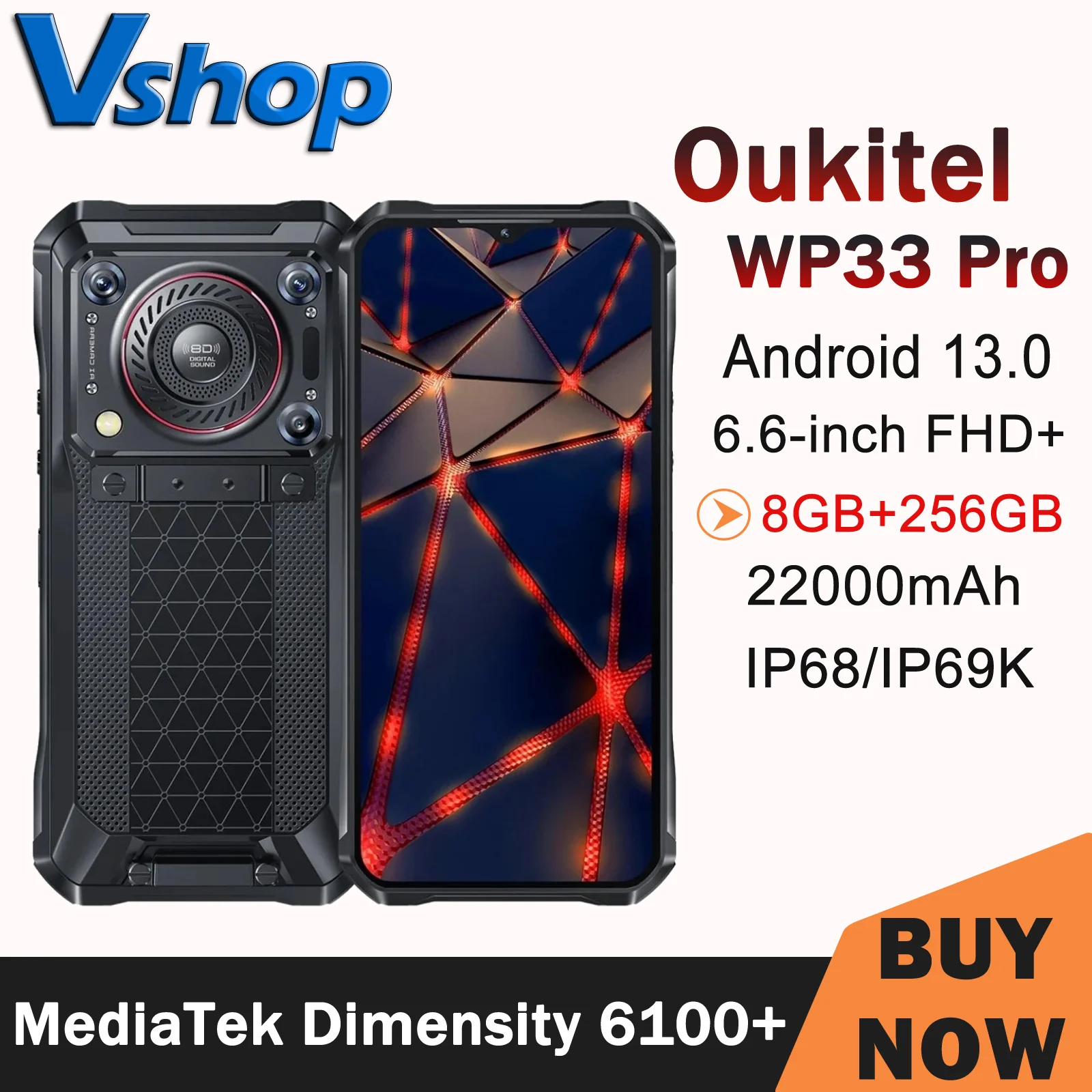 Oukitel WP33  ߰ Ʈ, 8GB + 256GB IP68/IP69K 22000mAh 6.6 ġ FHD + 33W MediaTek Dimensity 6100 + 64MP ī޶ NFC 5G